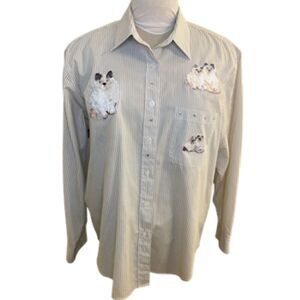 Las Olas Women’s Blouse Cat Embroidery Stripe Bling Sz. L Kitten Feline